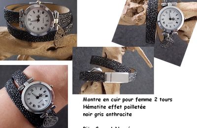 montre cuir noir gris anthracite femme 2 tours cadeau femme noel anniversaire sur mesure personnalisable 23,50E