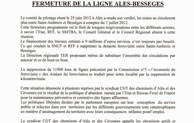 NON à LA FERMETURE - RASSEMBLEMENT GARE SAINT AMBROIX LE 7 JUILLET à 11 HEURES