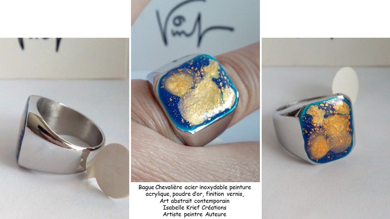 Bague Chevalière acier inoxydable peinture acrylique, poudre d’or, finition vernis, Art abstrait contemporain,Artiste peintre,bleu or argent,anneau fermé 9 1/2 US,taille 60 FR,fait mains en france,cadeau fete anniversaire noel