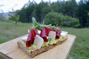 Tartine de courgettes, chèvre et grison