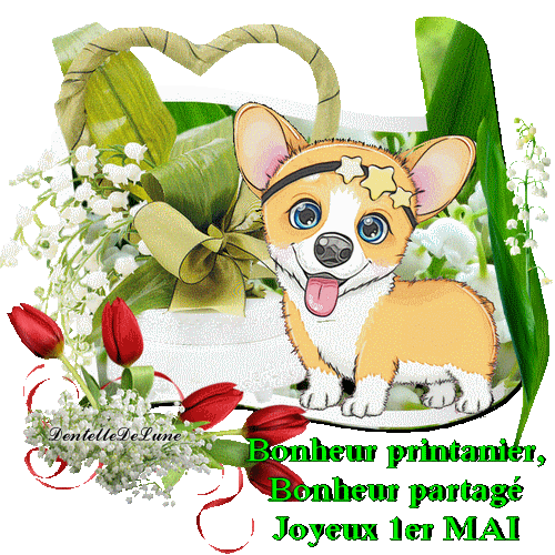 Gif Joyeux 1er Mai Avec Muguet Et Petit Chien Les Gifs Animes De Dentelledelune