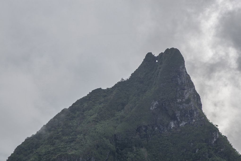 "Notre" île sous les nuages et déjà pointe l'impressionnant mont Rotui, un repère facile à trouver avec sa masse et son trou" qui nous regarde.