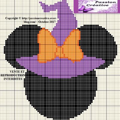 Grille gratuite point de croix : Tête de Minnie et son chapeau de sorcière d'Halloween