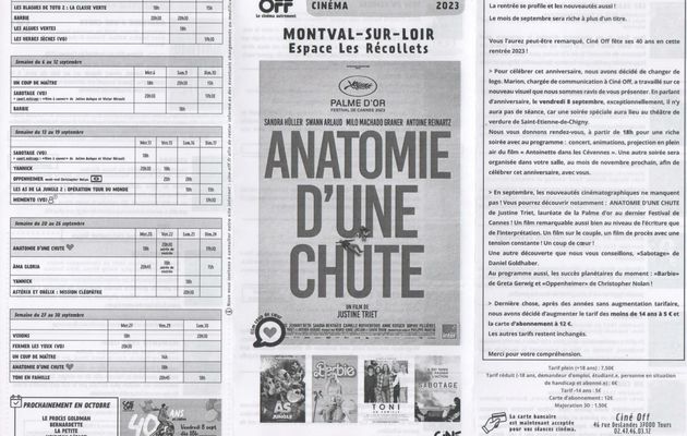 Septembre 2023 : programme cinéma à Montval-sur-Loir