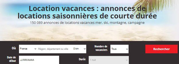 Les critères de recherche sous la rubrique Vacances 