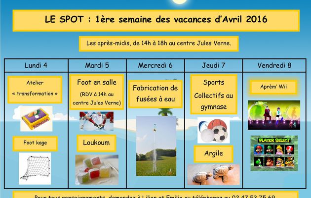 Planning des vacances d'Avril 2016