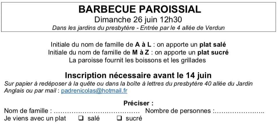 Barbecue de la Paroisse du Raincy : dimanche 26 juin 2022