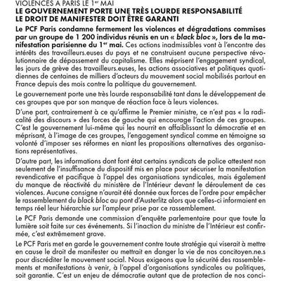 Violences à Paris le 1er mai : le gouvernement porte une très lourde responsabilité, le droit de manifester doit être garanti