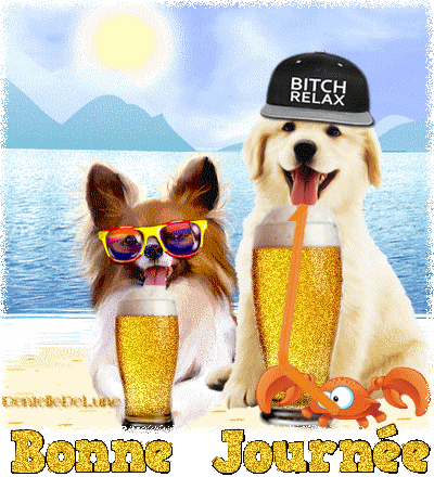 Gif Anime Humour Bonne Journee Avec Chien Papillon Et Golden Retriever Buvant Une Biere Les Gifs Animes De Dentelledelune