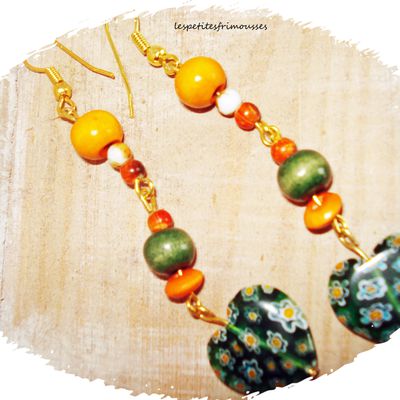 Boucles d'oreille millefiori coeur, vert-orange-doré et métal doré