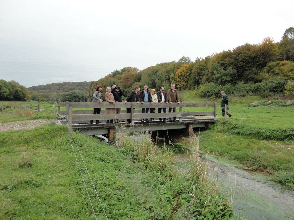 Les élus du SIAERG visite une rivière de Seine-Maritime dont le cours avait été dévié à la Révolution pour alimenter un moulin, a retrouvé son lit naturel au fond de la vallée, après une opération de "renaturation".