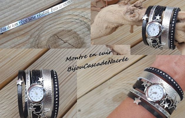 Montre femme en cuir " Fais de ton rêve une réalité " noire et argenté manchette cuir étoile pile neuve offerte 34,90E