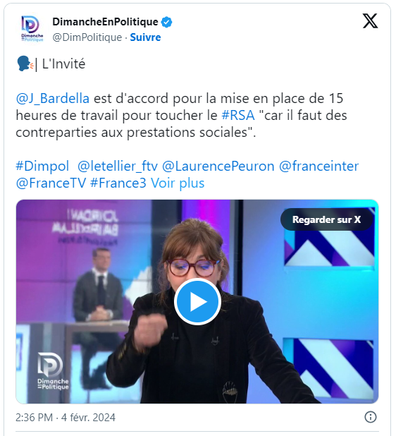 @J_Bardella  est d'accord pour la mise en place de 15 heures de travail pour toucher le #RSA "car il faut des contreparties aux prestations sociales". 