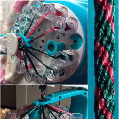 Kumihimo, bracelet 12 fils rose et vert