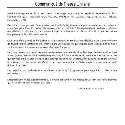 Communiqué unitaire Fonction Publique Hospitalière