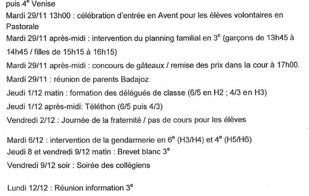 Planning du 28 Novembre au 2 Décembre 2016