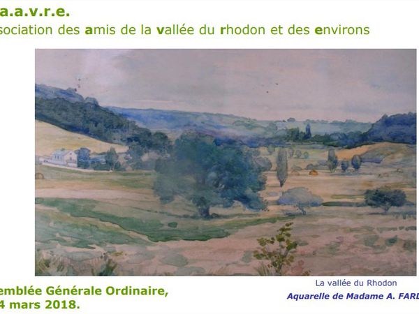 Aquarelles de Madame Alice FARDEL, année 1915: La vallée du Rhodon avec la prairie de Launay suivie de la prairie de la Pouffile, à gauche la ferme de Fau-vaux et à droite le  moulin de Fau-vaux