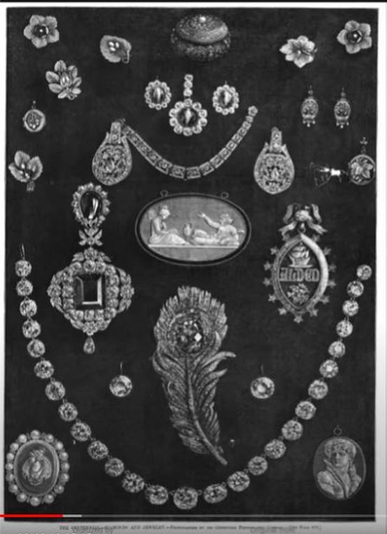 Tiffany exhibit, including the aigrette and Golconda yellow diamonds necklace,  in the Main Exhibition Building, Philadelphia Centennial of 1876, Fairmount Park. Harper's Weekly December 6, 1876.