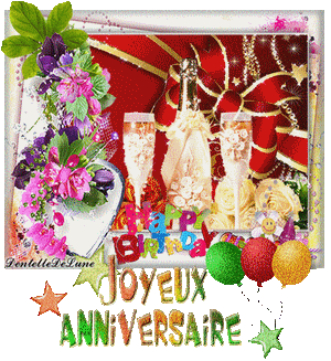 Gif Scintillant Happy Birthday Joyeux Anniversaire Fleurs Bouteille De Champagne Les Gifs Animes De Dentelledelune