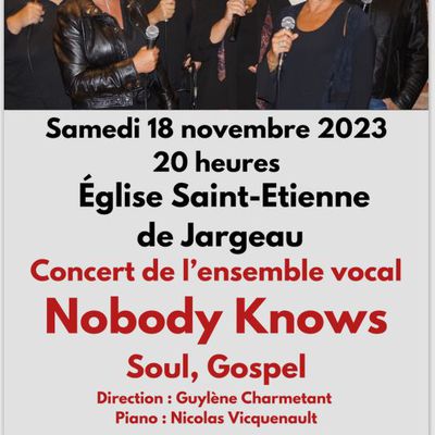 Concert Gospel, Soul avec l’ensemble vocal Nobody Knows - Eglise St Étienne de Jargeau - Samedi 18 novembre 2023 à 20h 