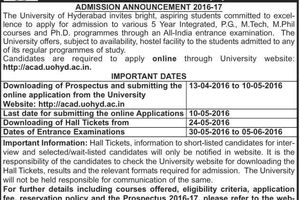 "UNIVERSITY OF HYDERABAD" NOTIFICATION RELEASED,LAST DATE:10-5-2016