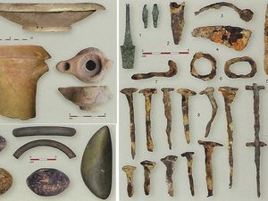 Quelques petits objets du IIème s. av. n. e. de Mauressip ; mortier et lampe à pâte claire de Marseille, fusaïole en terre cuite, bracelet en lignite, lissoir en pierre - parures en verre