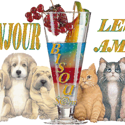 Bonjour les amis - Bisou - Chiens - Chats - Gif scintillant - Gratuit