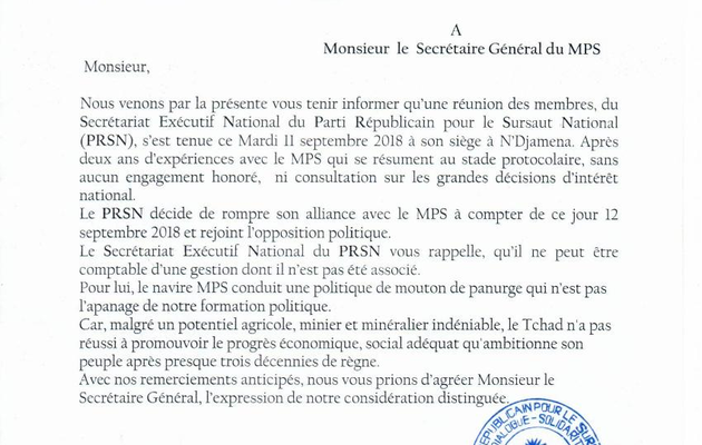 Tchad: le parti PRSN  claque la porte de la mouvance présidentielle