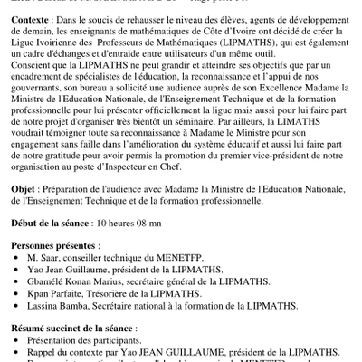 RAPPORT DE LA RENCONTRE ENTRE LA LIPMATHS ET M. SAAR CONSEILLER TECHNIQUE DU MENETFP