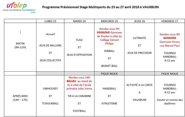 [Stage multisports] Planning prévisionnel VAUXBUIN - Avril 2018 