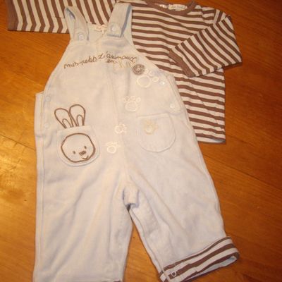 Salopette bleue velours + tee shirt marron et bleu ML 9 mois 5€