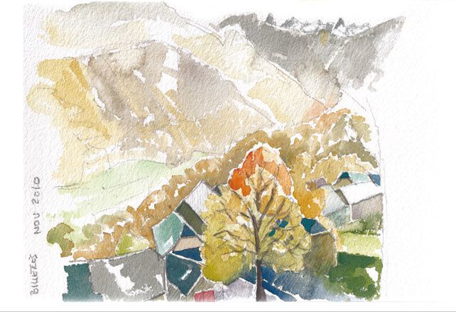 Quelques unes des aquarelles qui composeront le livre "Toits et mots à l'Ossau"