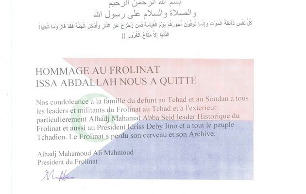 Hommages du Frolinat suite au décès d'Issa Abdallah