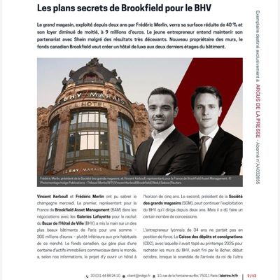 Les plans secrets de Brookfield pour le BHV, résumé de l'article.