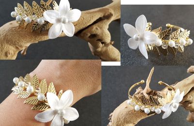 bracelet feuille " leaf " bijou mariée - laiton or doré personnalisable fait sur mesure métal fleur de soie perles bracelet jonc ajustable 18,90E