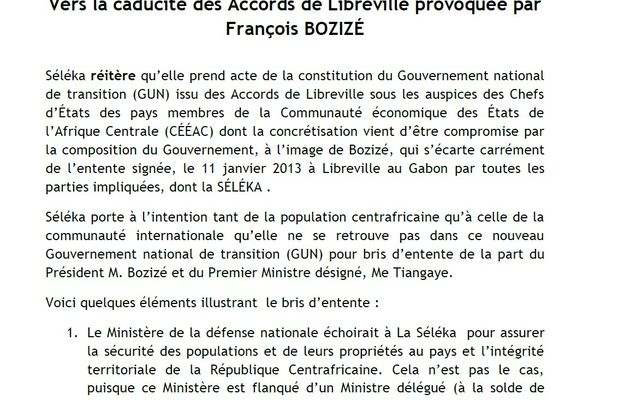 Déclaration de la Séléka: vers la caducité des Accords de Libreville provoquée par François Bozizé