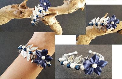 bracelet mariage " leaf " argenté bleu marine personnalisable fait sur mesure métal fleur de soie perles nacrées bracelet jonc ajustable 18,90E