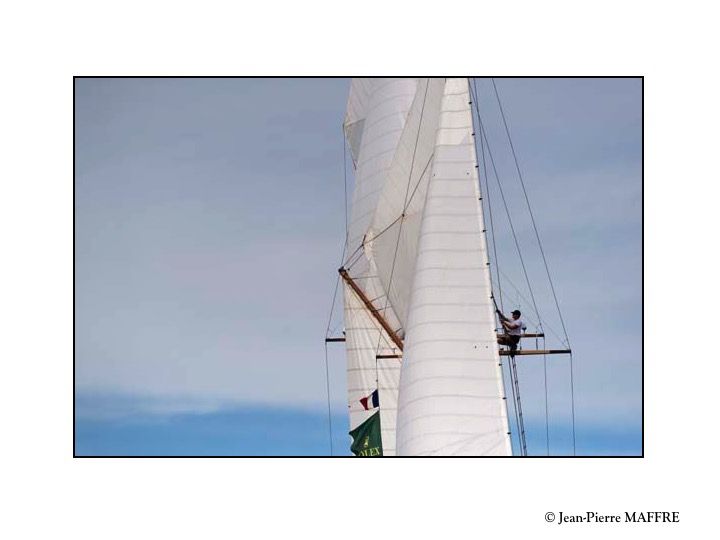 Les marins ressemblent à des acrobates dans la blancheur des voiles au gré du vent.