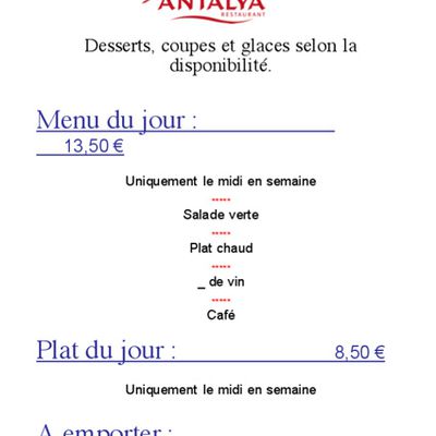 Les cartes du restaurant l'Antalya à cran-Gevrier : nos desserts et menus