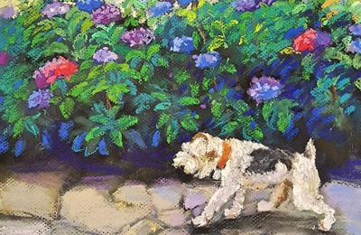 강아지의 꽃길 — H 파스텔 그림