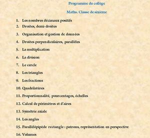 Programme de Maths. Classe de 6ème