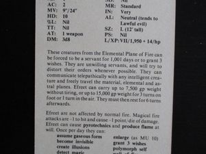 Exemple d'un monstre du Manuel des Monstres 1: l'éfrit (au bas du verso de la carte est inscrit la référence MM 37, soit Monster Manual p.37)