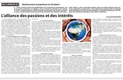 Géoéconomie et populisme en Occident : L’alliance des passions et des intérêts.            
