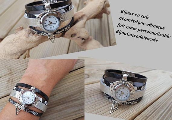 bracelet montre cuir manchette cuir noir argenté blanc femme triangle géométrique fermoir 29,90E pile supplémentaire offerte 