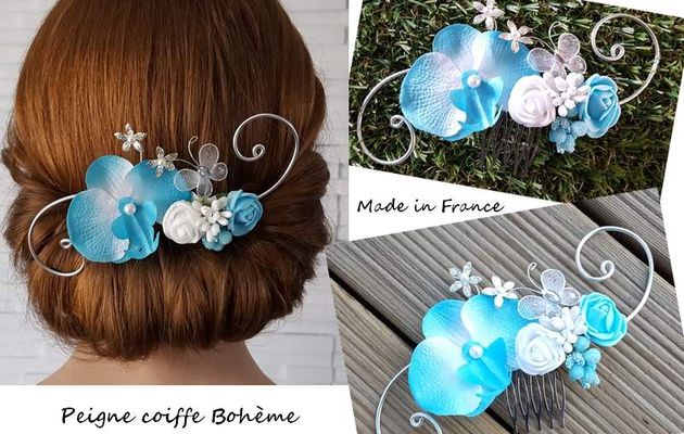 bijou cheveux mariée turquoise blanc alu orchidée papillon fleur baie mariage mariée peigne mariage fait main personnalisable Made in France 24,90E