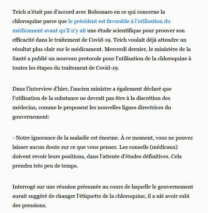 Nelson Teich, ministre de la santé du Brésil, vient de démissionner après un différend avec Jair Bolsonaro sur l'utilisation de la chloroquine.