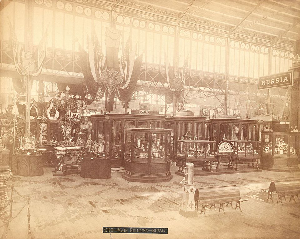 Jewels and silverware from Sazikoff Hessrich and Woerffel, St Petersburg, Russia. Russian Pavillon, Main Exhibition Building, Philadelphia Centennial of 1876.  Stereotype picture taken in 1876 by Department of Photography in Fairmount Park (source: Free Library of Philadelphia)