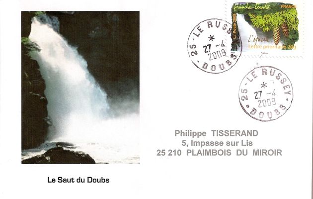 timbre l'épicéa de Franche-Comté avec cachet ordinaire du 1er jour de sa mise en vente générale le Lundi 27 Avril 2009