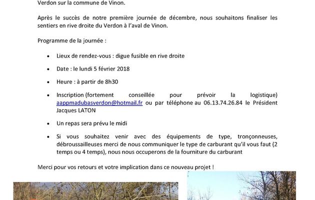 Rappel : Journée des sentiers des pêcheurs du Bas Verdon le lundi 5 février 2018