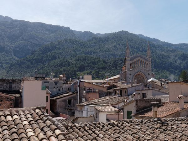 De la Plaça à la Creu par le Bar Molino. Deux vues sur un verger d'orangers et la cave cooperative Sant Bartumeu